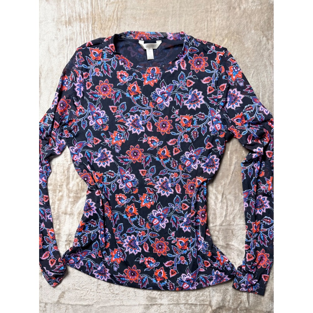 Banana Republic Womens Small Mesh Floral Paisley Long Sleeve Top Black Red Blue